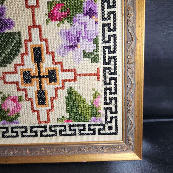 Cross Stitch Wall Art Hand Stitched Geometric w Violets & Roses Frame Greek Key - Picture 4 of 6